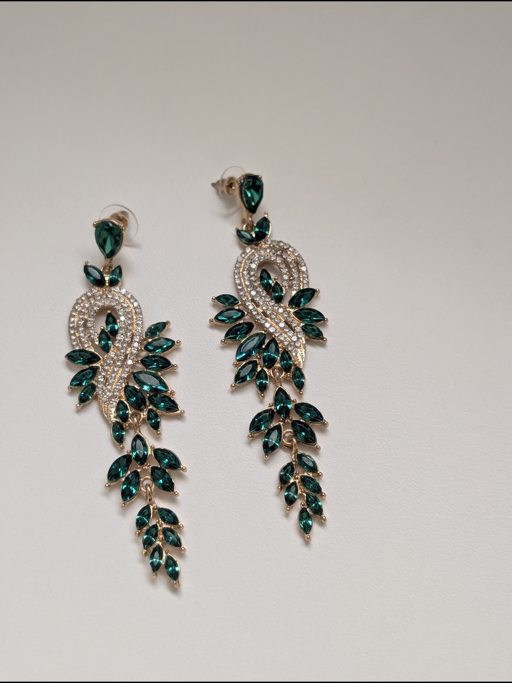 Emerald Teardrop Vine Drop Earrings - Gold Tone